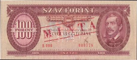 1975. 100Ft piros "MINTA" felülnyomással és perforációval illetve "B 000 - 000778" sorszámmal T:I gyári festékfoltok Hungary 1975. 100 Forint with "MINTA" (specimen) overprint / perforation and "B 000 - 000778" serial number C:UNC Adamo F33Ma