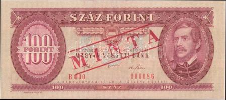 1980. 100Ft piros "MINTA" felülnyomással és perforációval illetve "B 000 - 000086" sorszámmal T:I Hungary 1980. 100 Forint with "MINTA" (specimen) overprint / perforation and "B 000 - 000086" serial number C:UNC Adamo F34Ma