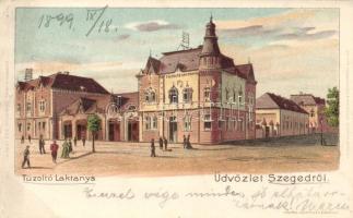 1899 Szeged, Tűzoltó laktanya litho; kiadja Endrényi Imre (fa)