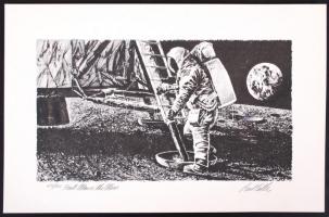 Paul Calle (1928-2010): First man on the Moon; lithográfia, sorszámozott, jelzett 673/1000. A képről bélyeg is készült / lithography, signed 33x22 cm