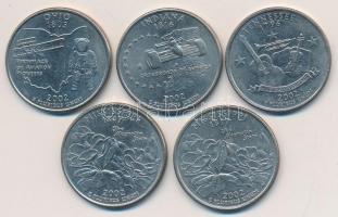 Amerikai Egyesült Államok 2002. 1/4$ (5x) klf T:1,2
USA 2002. 1/4 Dollar (5x) all different C:UNC,XF