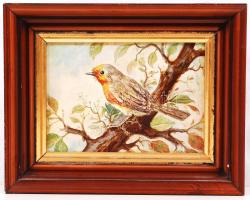 Jelzés nélkül: Vörösbegy. Olaj, farost, keretben, 13×18 cm