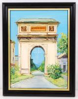 Orbán Valéria: Diadal kapu Vácon. Olaj, farost, jelzett, keretben, 23×17 cm