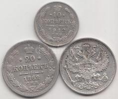 Oroszország 1862. 20k Ag + 1912. 10k Ag + 1914. 20k Ag T:2,2- Russia 1862. 20 kopeks Ag + 1912. 10 kopeks Ag + 1914. 20 kopeks Ag C:XF,VF