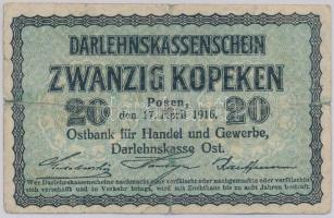 Litvánia/I. világháború/német megszállás/Darlehnskasse Ost, Posen 1916. 20k T:III Lithuania /World War I/German occupation/Darlehnskasse Ost, Posen 1916. 20 Kopeks C:F  Krause R120