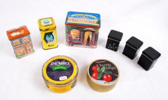 cca 1950-1980 Fém dobozok, 8 db, (Pécsi Dohánygyár Rt., Sir John's Virginia Pipe Tobacco, Cherry Drops).