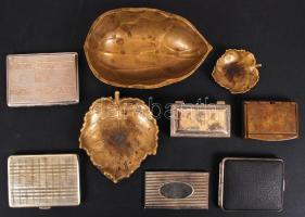 Fém cigarettatárcák, szelence, levél alakú réz tálkák és egy cigarettatárca
