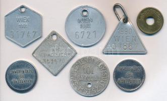 8db magyar és osztrák zseton és bárca, közte kutyabárcák, "M.G.T.SZ. Szilasmenti Egyesület 10L Gázolaj" T:vegyes