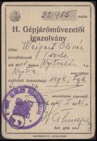 1945 Szombathely, Gépjárművezetői igazolvány nyilaskeresztes bélyegzővel.