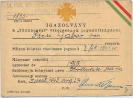 1938-1945. Pécsi Gábor őrvezető "Tűzkereszt", "Erdélyi Emlékérem", "Délvidéki Emlékérem", "Felvidéki Emlékérem", "Személyiazonossági" és "K. Gépjárművezetői" igazolványa T:vegyes Hungary 1938-1945. Decoration documents of Gábor Pécsi (private first class). "Hungarian Fire Cross", "Medal for the Liberation of Transylvania", "Medal for the Return of Southern Hungary", "Medal for the Liberation of Upper Hungary" + ID Card and driver license