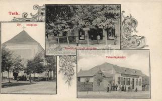 Tét, Evangélikus templom, Gestetner Lipót áruháza, takarékpénztár; kiadja Berl Mór, floral