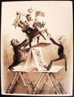 Ék Sándor (1902-1975): Nagyhatalmi kártyavár. Plakát terv. Szén, papír, jelzett, 50x38 cm