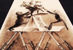 Ék Sándor (1902-1975): Nagyhatalmi kártyavár. Plakát terv. Szén, papír, jelzett, 50x38 cm