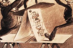 Ék Sándor (1902-1975): Nagyhatalmi kártyavár. Plakát terv. Szén, papír, jelzett, 50x38 cm