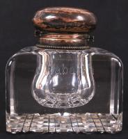 Ezüst (Ag.) fedeles antik tintatartó, ólomkristály test, két fele nyitható tetővel, alján csiszolt, hibátlan, 10×10 cm, m:10,5 cm / Antique ink pot, perfect condition