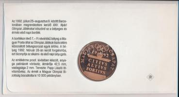 1992. "Barcelona-magyar csapat" emlékérem bélyeges borítékon, elsőnapi bélyegzéssel T:PP C...