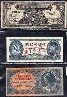Albumba rendezett bankjegy, szükségpénz, csekk gyűjtemény, összesen 62db, magyar és külföldi bankjeg...
