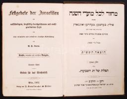 M.E. Stern: Festgebete der Israeliten mit volsständigem, sorgfältig durchgesehenem und wohlgeordnetem Texte und einer vermehrten und verbesserten deutschen Übersetzung. (Izraeliták ünnepi imádságai). Sechste Ausgabe (Hatodik Kiadás). Wien (Bécs), 1862, Verlag von J. Knöpflmacher & Söhne. Egészvászon kötés, gerince kissé sérült.
