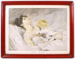 Alf. Schwarz jelzéssel: Wach' auf, Mama!, színezett, rézkarc, jelzett, fa keretben, 30x39 cm.