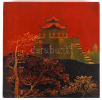 Japán tájképes fa doboz, jelzett, 20×20 cm