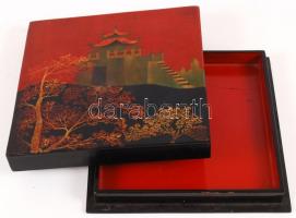 Japán tájképes fa doboz, jelzett, 20×20 cm