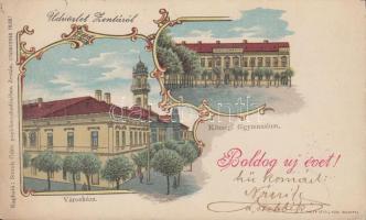 Zenta, Városháza, főgimnázium; Újévi üdvözlet / New Year, litho