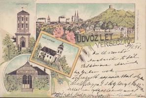 1898 Versec, polgári lövölde, víztorony, hegyi kápolna / shooting hall, chapel, water tower, litho (fl)