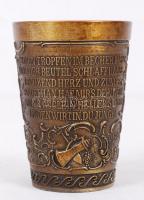 Irieling-zinn német ón pohár, gazdagon díszített, jelzett, m:11 cm