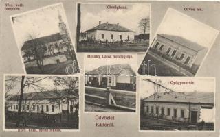 Kálló Heszky Lajos vendéglője, orvosi lak, gyógyszertár, községháza, Római katolikus templom és iskola (EK)