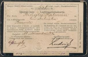 1888 Bp., Fényképes igazoló jegy (Legitimationskarte) a Magyar Királyi Államvasutak hivatalnoka részére.