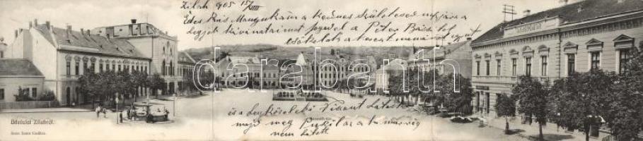 Zilah, Kossuth tér; Seres Samu kiadása / Kossuth square panoramacard (fl)