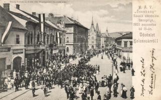 1903 Kolozsvár, MÁV "Összhang" zászlószentelési ünnepélye, Fogászati műterem, Farkas Ignác és Jankovitz Géza üzletei / Ceremony of Hungarian State Railways, dental studio, shops