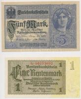 Német Birodalom / Csáazárság 1917. 5M T:II + Német 3. Birodalom 1937. 1RM (2x) egymás utáni sorszámmal T:I Germany / Empire 1917. 5 Mark C:XF + German Third Reich 1937. 1 Rentenmark (2x) sequential serials C:UNC