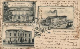 Nagymihály, Izraelita templom, villanytelep, Sztáray-kastély; Landesman B. kiadása / synagogue, power plant, castle; floral