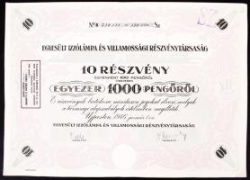 Újpest 1946. "Egyesült Izzólámpa és Villamossági Részvénytársaság" részvénye 1000P-ről szelvényekkel T:I-