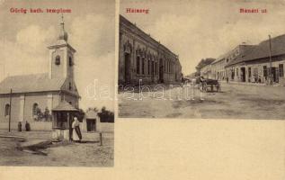 Hátszeg, Görög katolikus templom, Bánáti út, Hunyady szálloda, Pilseni sörcsarnok, Mester János kiadása / church, street, hotel, beer hall