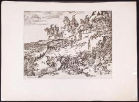 Budai Tibor (1946-): Honfoglalás. Rézkarc, papír, jelzett, 29×39 cm