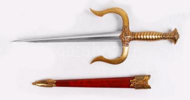 Denix márkájú japán önvédelmi tőr, modern replika, réz és bőr, eredeti dobozában h:47 cm, + fa tőrtartó, 23×54 cm