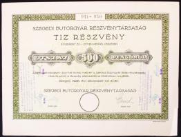 Szeged 1926. Szegedi Bútorgyár Részvénytársaság részvénye 500 pengőről szelvényekkel T:I-