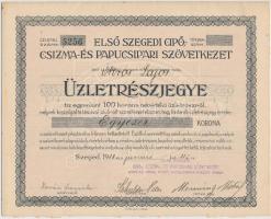 Szeged 1918. "Első Szegedi Cipő-, Csizma- és Papucsipari Szövetkezet" üzletrészjegye 1000K-ról hátlapon "Menning Mihály és hat segédje" képpel T:I