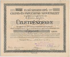 Szeged 1921. "Első Szegedi Cipő-, Csizma- és Papucsipari Szövetkezet" üzletrészjegye 1000K-ról (3x) egymás utáni sorszámmal T:I,I-