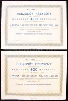1922. "Produkt Kereskedelmi Részvénytársaság 25 részvénye 400 koronáról" (2x) egymás utáni sorszámmal szelvényekkel, aláírás nélkül T:I