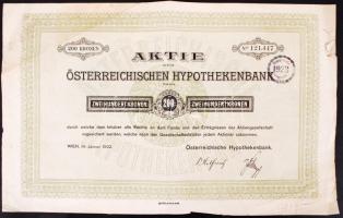 Ausztria / Bécs 1922. Osztrák Jelzálogbank részvénye 200K-ról német nyelven szelvényekkel T:III Austria / Vienna 1922. "Österreichischen Hypothekenbank" share about 200 Corona with coupons C:F