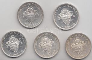 1938. 5P Ag "Szent István" (5db) T:2, ph. Adamo P8.1