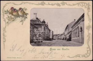 Zimony, Semlin; Hauptgasse; Johann Pulyo / main street, Art Nouveau litho frame (b)