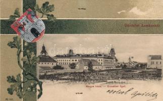 Zombor, Megyeháza, Erzsébet liget, Schön Adolf kiadása / county hall, park; coat of arms, floral litho