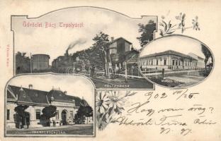 Bácstopolya, vasútállomás, Magos vendéglő; Wilheim Miksa kiadása / railway station, restaurant; floral