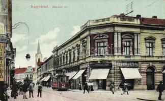 Nagyvárad, Rákóczi út, cukrászat; Boros Jenő kiadása / confectionery shop, tram