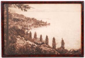 Jelzés nélkül: Kilátás Tihanyból. Rézkarc, papír, üvegezett keretben, 28×42 cm