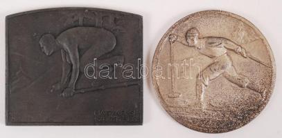 Berán Lajos (1882-1943) ~1940. "Magyar Sí Szövetség / 1948. III. 1. Ifjúsági Csapat (IFI. CSAP.) II." fém plakett (48x55mm) + 1951. "Országos Testnevelési és Sportbizottság (OTSB) Bajnokság II. Cs." fém sportérem (49mm) T:2,2-